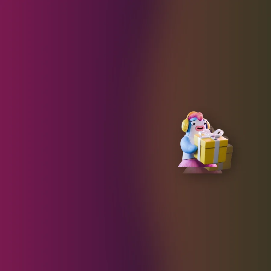 Cartoon 4Tuna mascot in headphones carrying a gold gift box